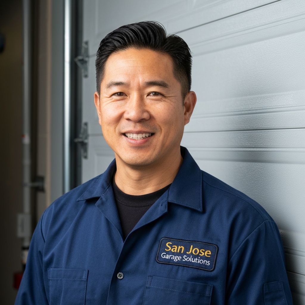 Steven Nguyen, owner of San Jose Garage Solutions, wearing company branded shirt